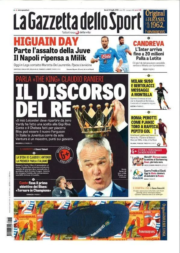 Ranieri pronto a lottare ancora con il suo Leicester, le prime pagine di oggi