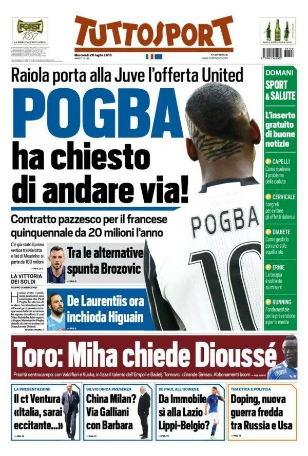 Pogba pronto a cambiare aria, tutti le news sui quotidiani di oggi