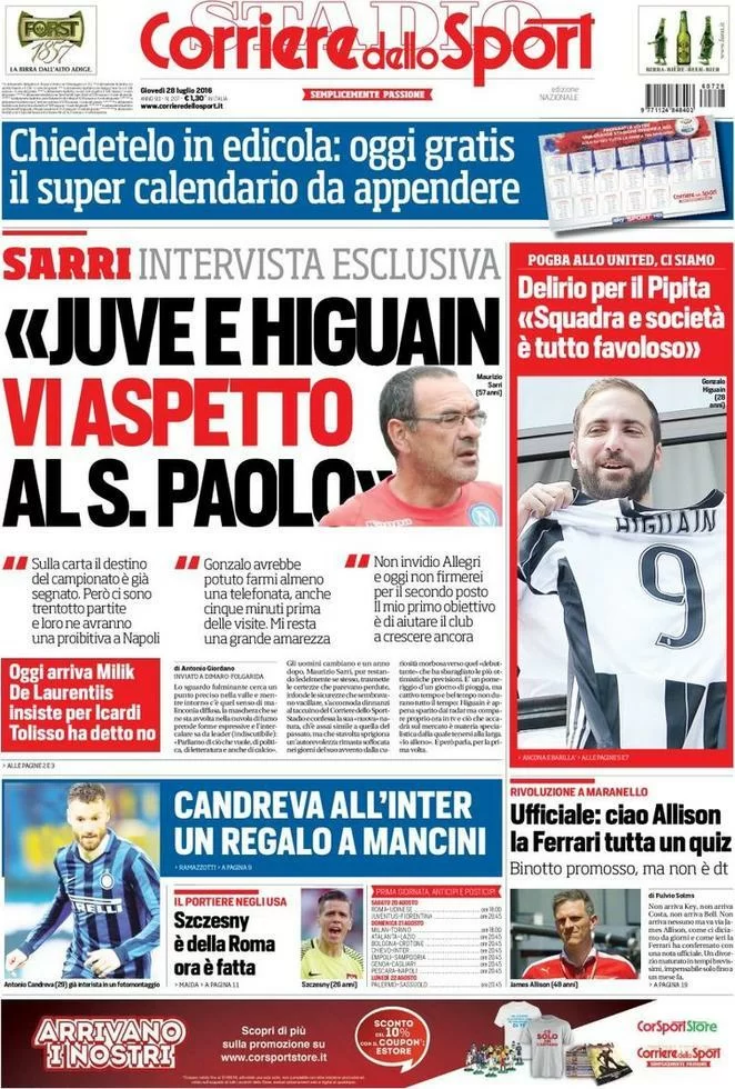 Sarri lancia la sfida alla Juventus ed a Higuain!