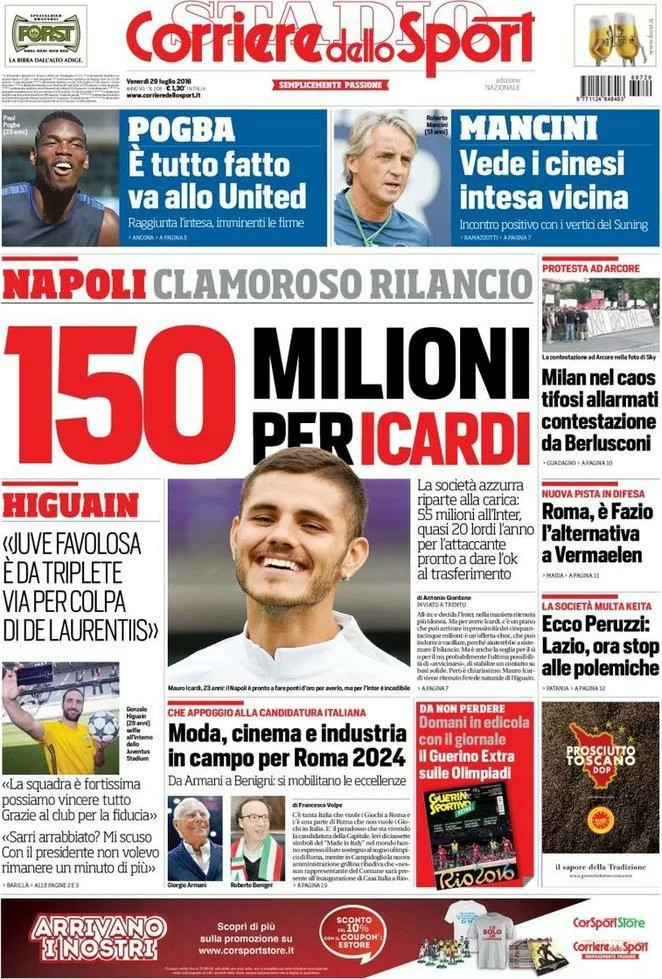 Il Napoli alza l’offerta per Icardi, Milan contestato: ecco le prime pagine di oggi.