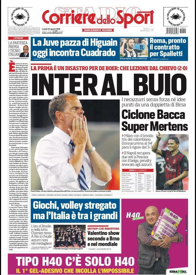 Le prime pagine di oggi: Male la prima per De Boer, super Bacca