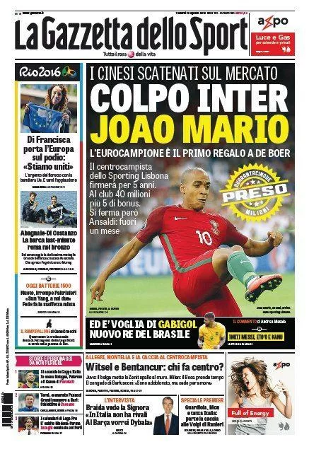 Oggi in Edicola: L’Inter chiude per Joao Mario, la Juve pensa a Fabregas