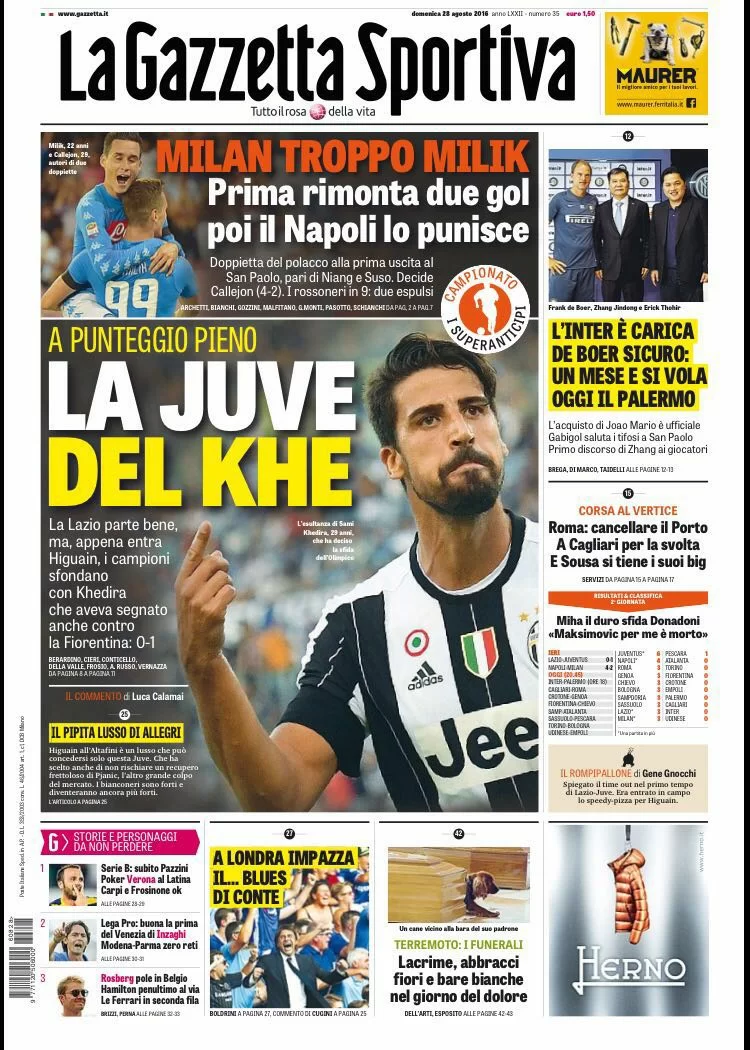 Oggi in edicola: Khedira si prende la Juve, super Milik