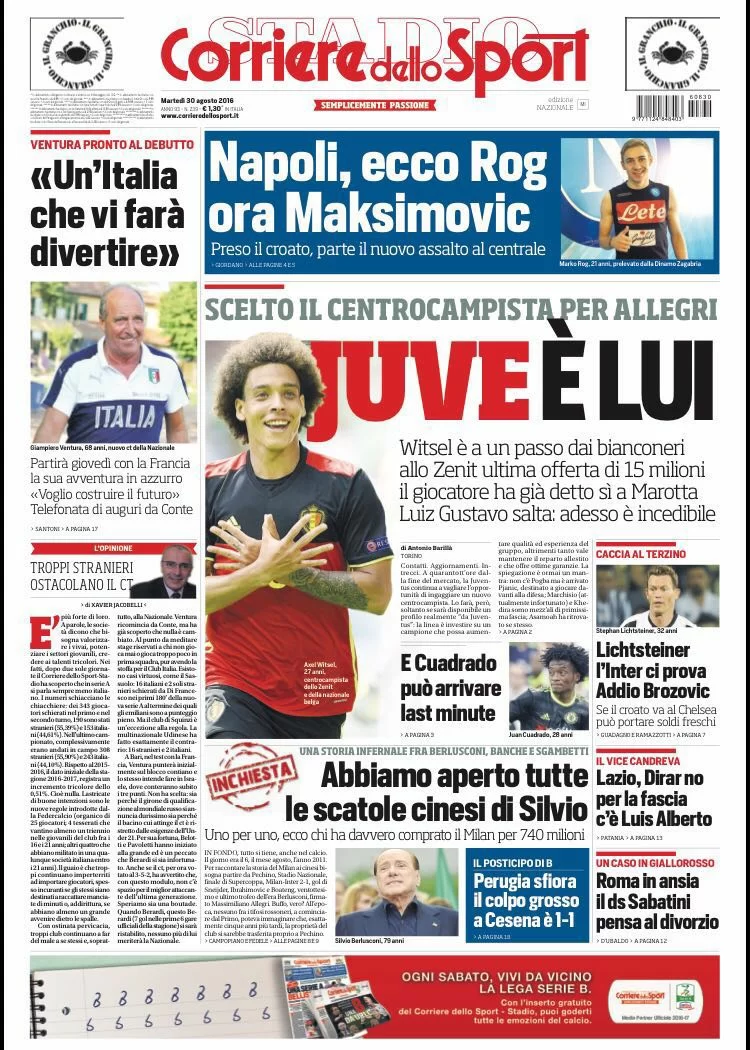 Oggi in edicola: Witsel vicino alla Juve, Berardi fuori dai convocati