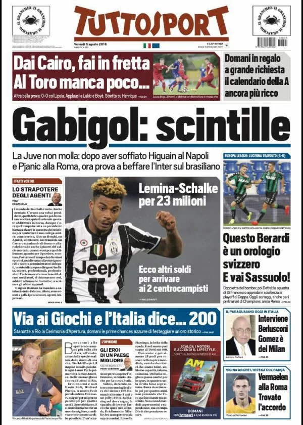 Oggi in Edicola: duello Juve-Inter per Gabigol, il Milan chiude per Gomez