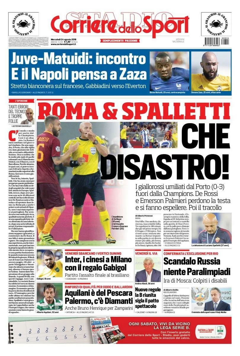 Oggi in edicola: che figuraccia della Roma, Juve sempre alla ricerca del centrocampista