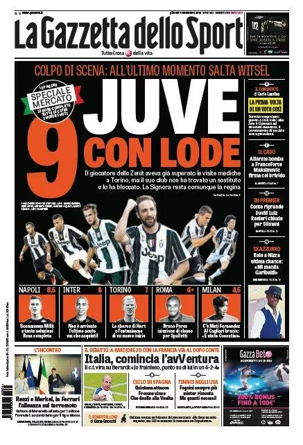 Oggi in edicola: si chiude il mercato, Juve regina indiscussa