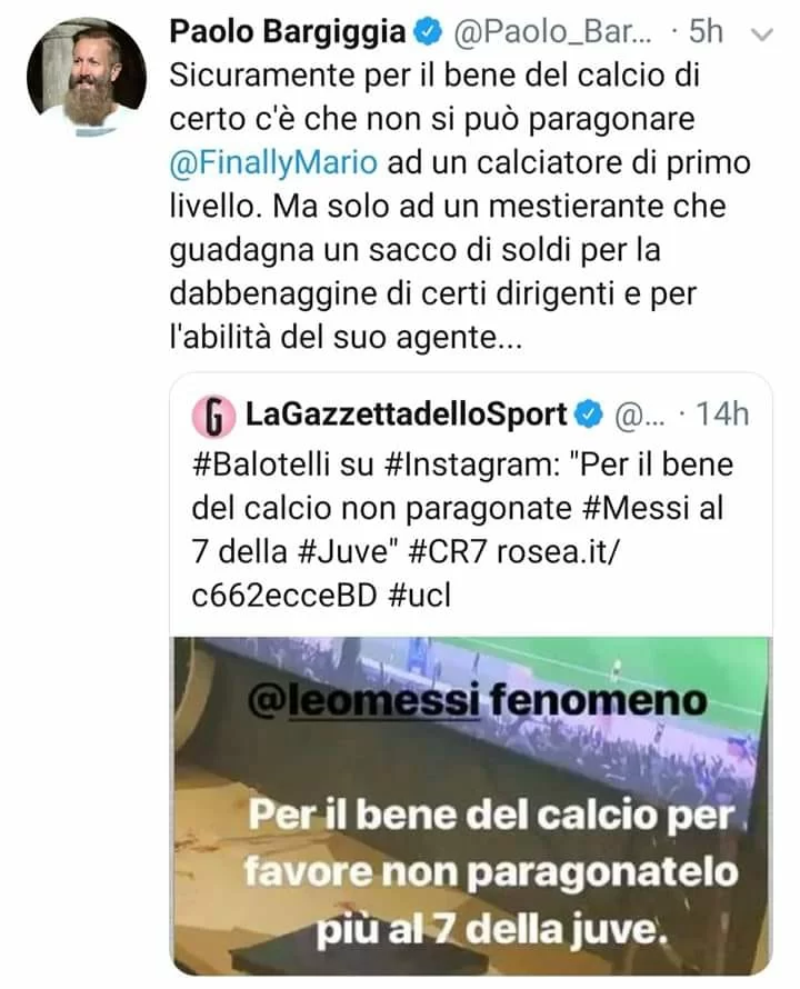 FOTO – Bargiggia, attacco a Balotelli: “Non è un calciatore di livello. Guadagna per la dabbenaggine dei dirigenti”