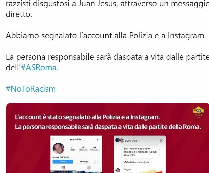 FOTO – Insulti razzisti su IG a Juan Jesus, Roma da applausi: “Daspo a vita per questa persona!”