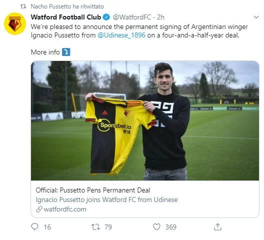 UFFICIALE – Pussetto lascia l’Udinese, è un nuovo giocatore del Watford: “È un sogno che diventa realtà!” (FOTO)