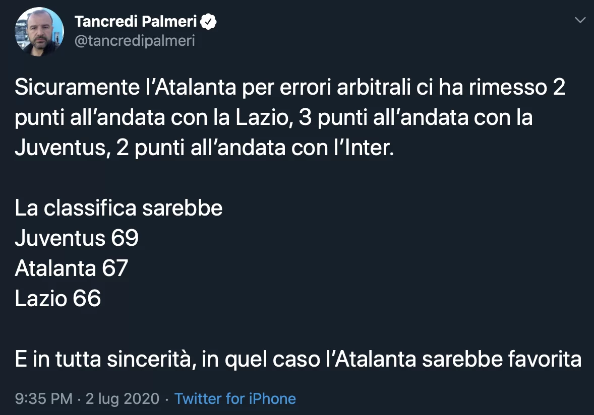 Palmeri lancia la provocazione: “Senza errori arbitrali Atalanta a -2 dalla Juve: sarebbero loro i favoriti”