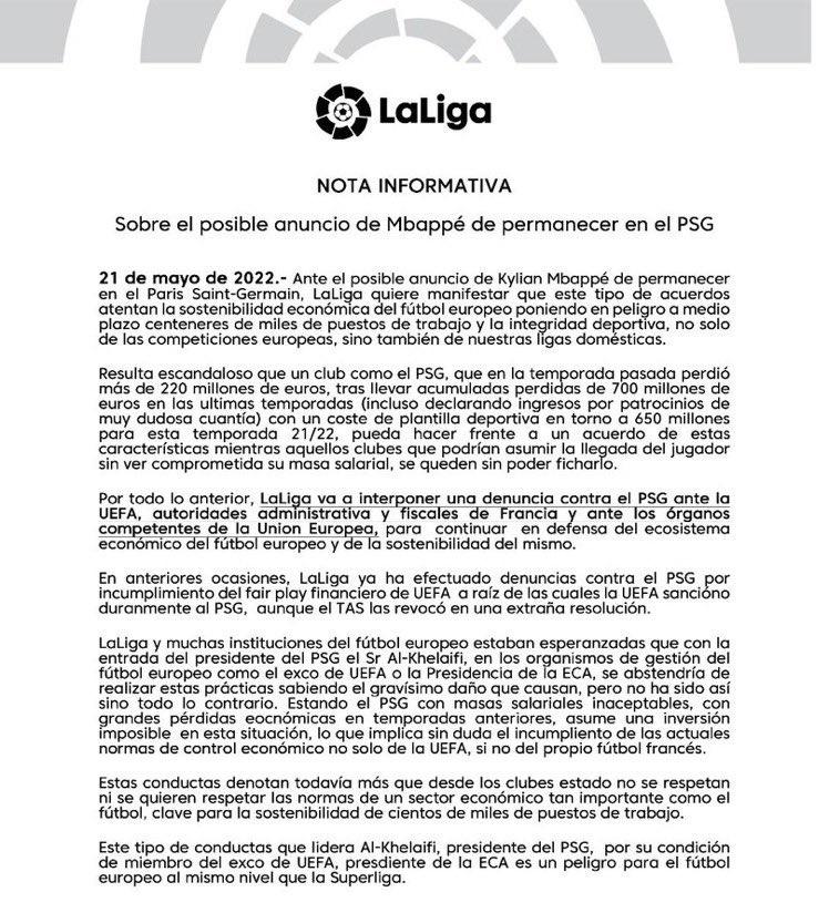 Liga, Mbappé, Comunicato