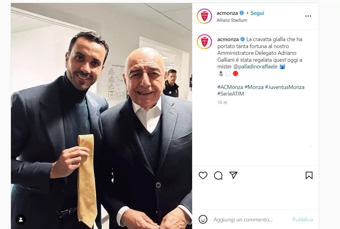 Galliani regala la sua cravatta gialla a Palladino: svelato il motivo