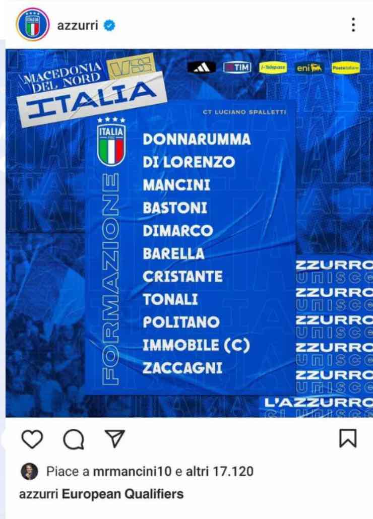 Il like di Mancini prima di Macedonia-Italia