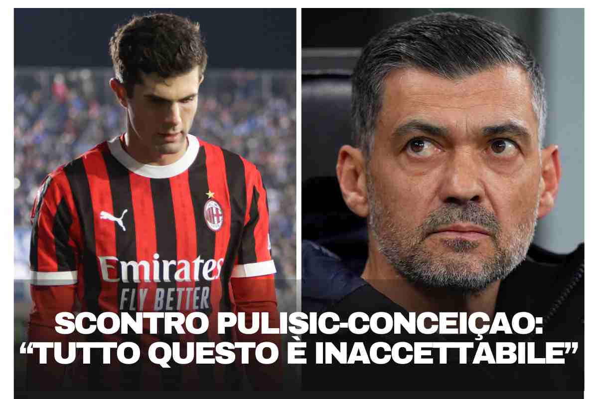 A sinistra uno sconsolato Pulisic mentre a destra Conceiçao seduto in panchina mentre osserva