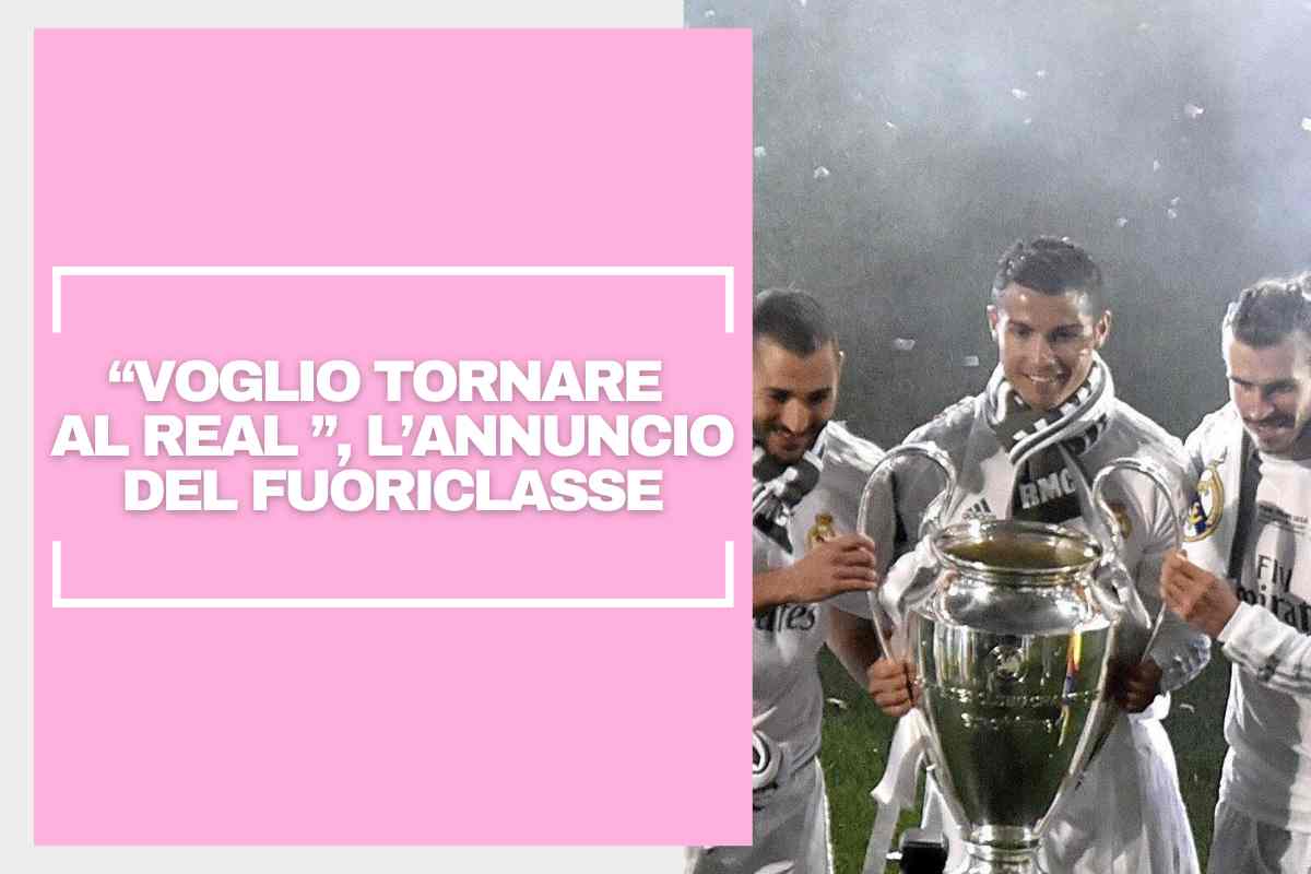 Benzema, Cristiano Ronaldo e Bale immortalati mentre hanno in mano il trofeo della Champions League