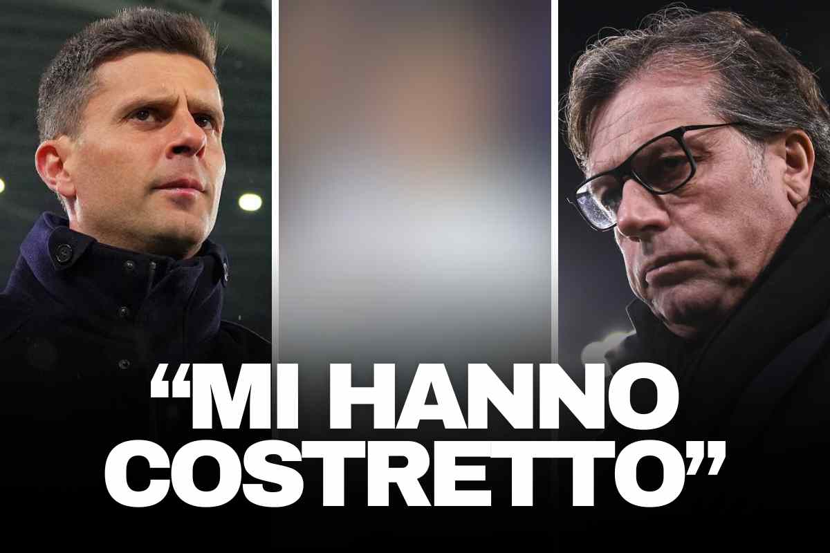 Thiago Motta osserva da bordo campo a sinistra mentre a destra Giuntoli immortalato pensieroso