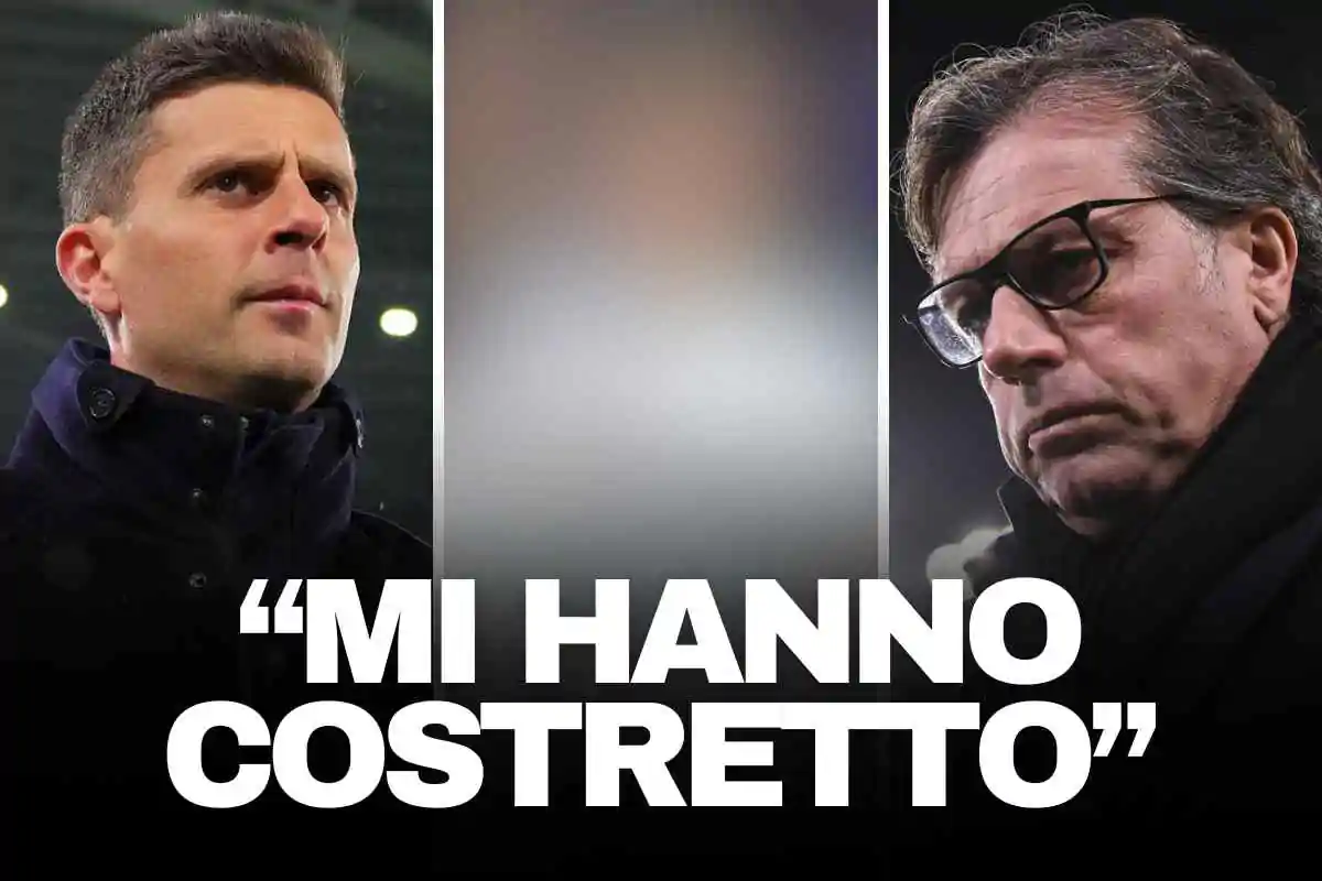 Thiago Motta osserva da bordo campo a sinistra mentre a destra Giuntoli immortalato pensieroso