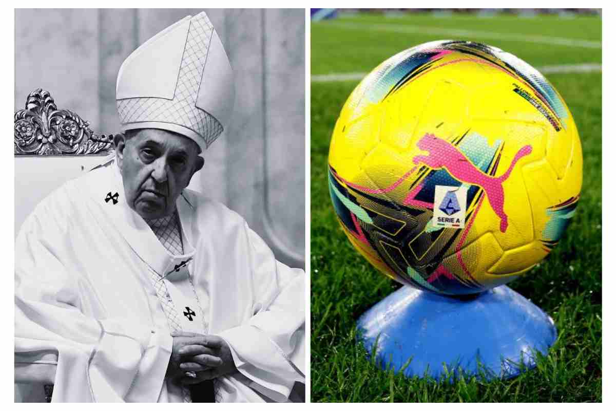 Papa Francesco a sinistra in bianco e nero e un pallone della Serie A a destra