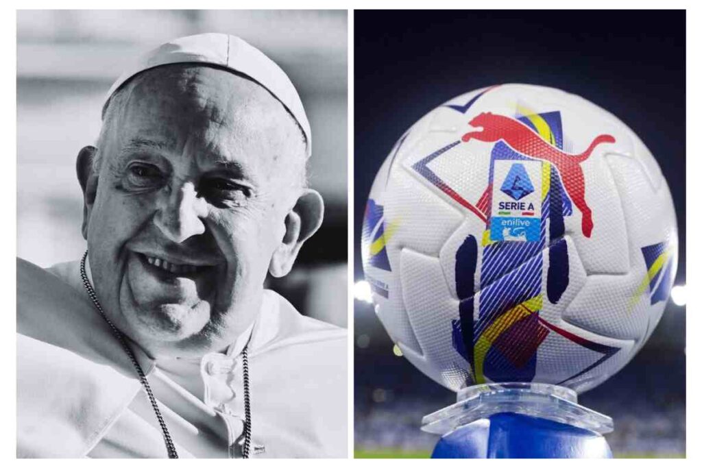 Papa Francesco sorridente a sinistra in bianco e nero e il pallone della Serie A a destra