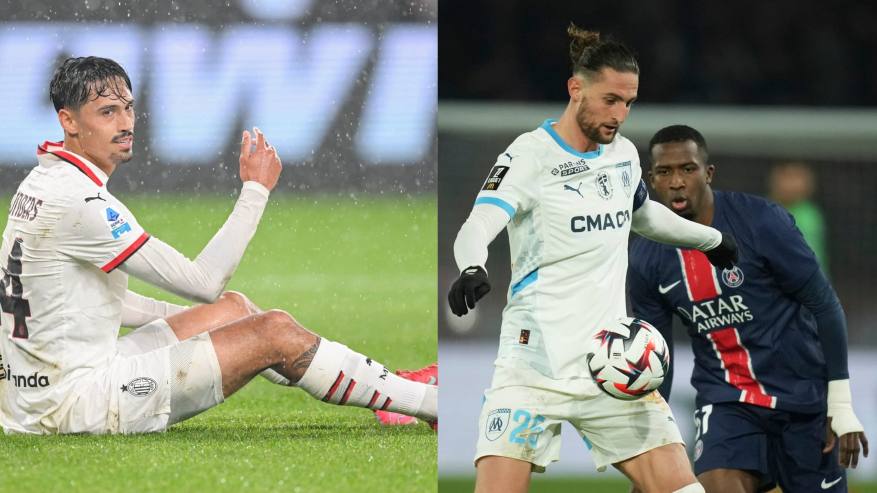 Reijnders a terra con la maglia del Milan Rabiot in possesso con la maglia dell'OM