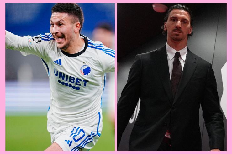 Bardghji esulta a sinistra con la maglia del Copenhagen mentre Ibrahimovic a destra in vesti dirigenziali