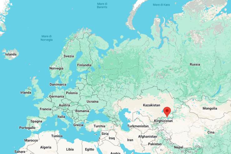 La mappa dell'Europa, con la goccina sulla città di Almaty