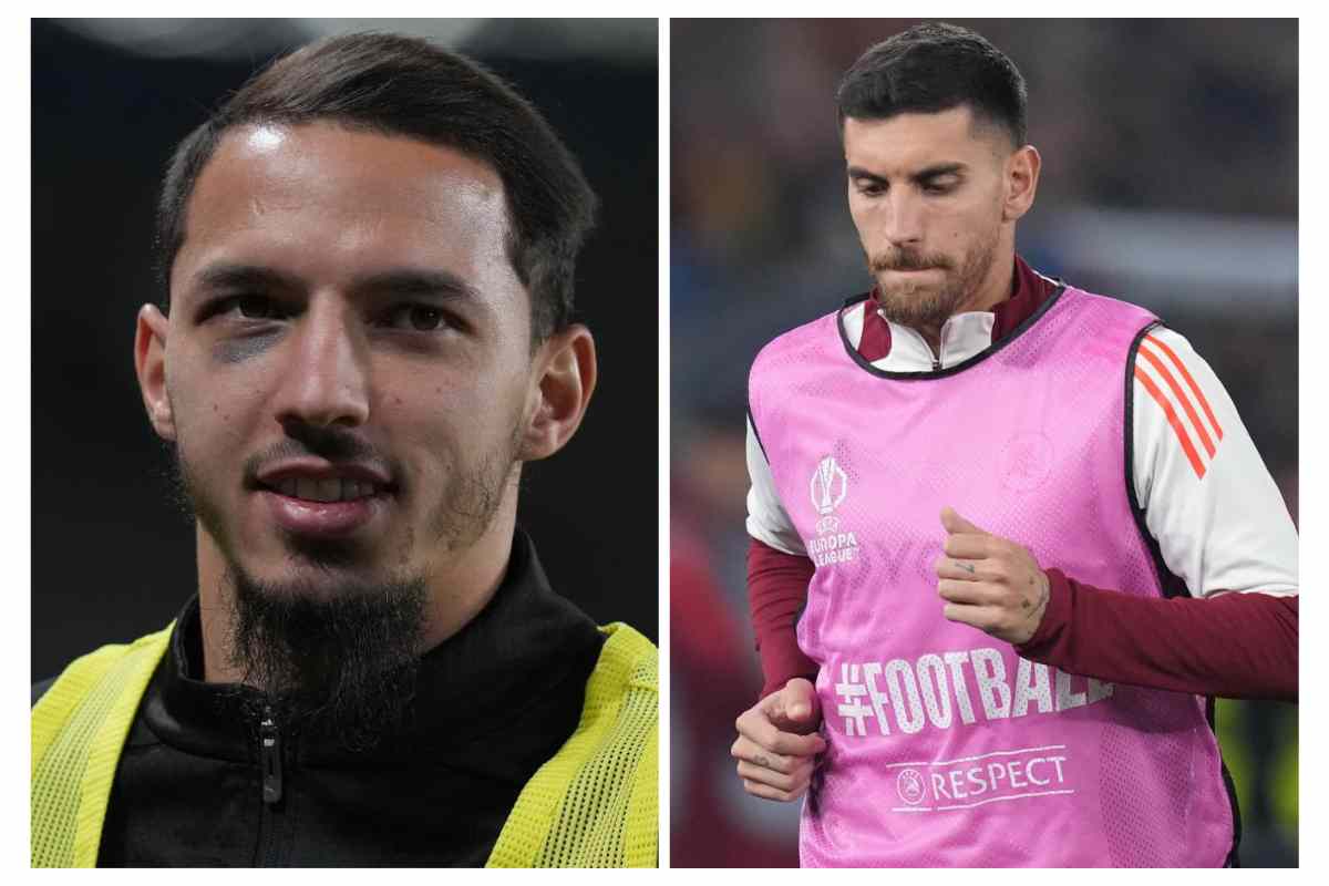 Bennacer a sinistra e Pellegrini a destra si riscaldano con gli abiti di Milan e Roma
