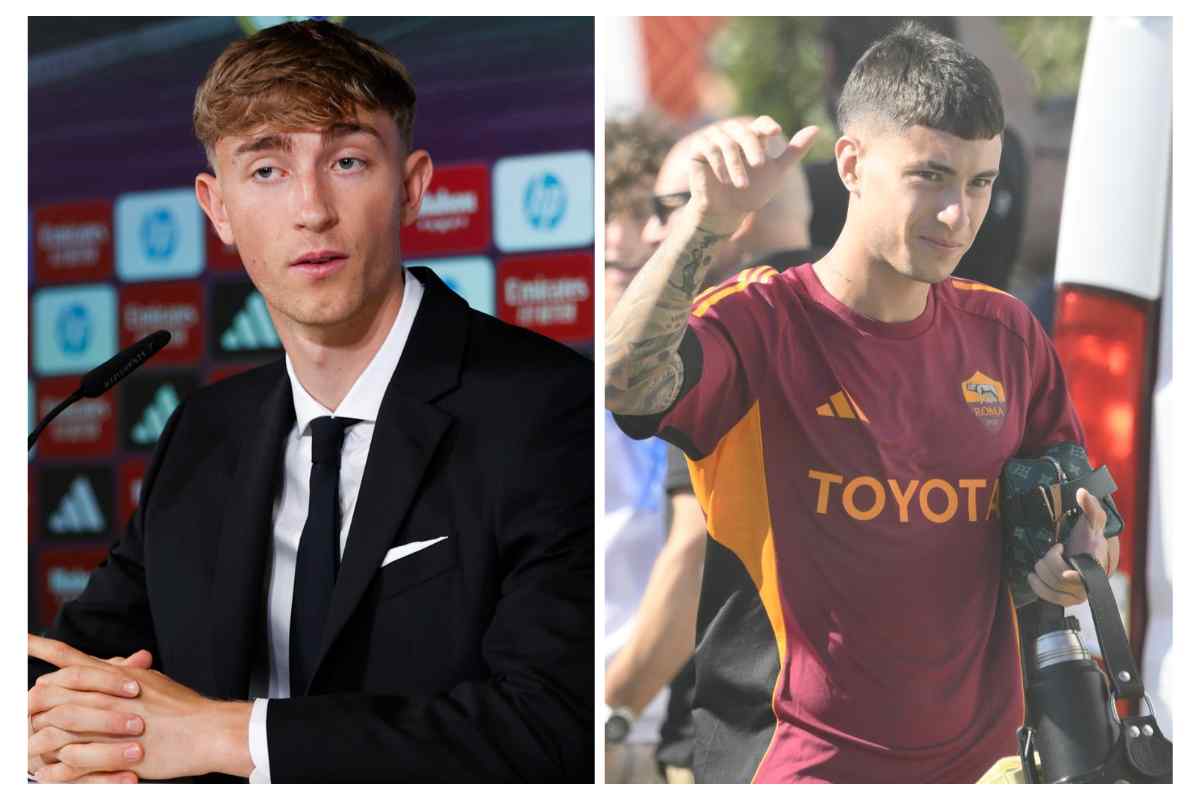 Huijsen a sinistra nella conferenza stampa di presentazione con il Real Madrid e Soulé a destra con indosso gli abiti della Roma e il pollice alzato