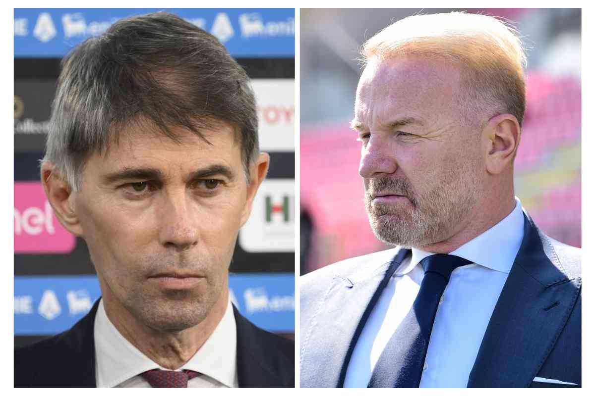 Massara a sinistra con alle spalle il backdrop per le interviste e Tare a destra osserva da bordo campo