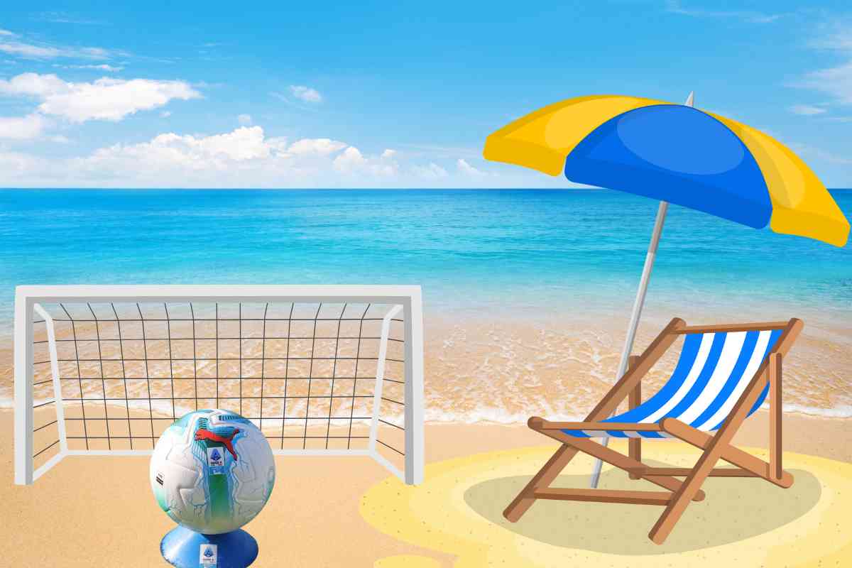 Un pallone della Serie A, una porta da calcio, un ombrellone con sdraio e il mare