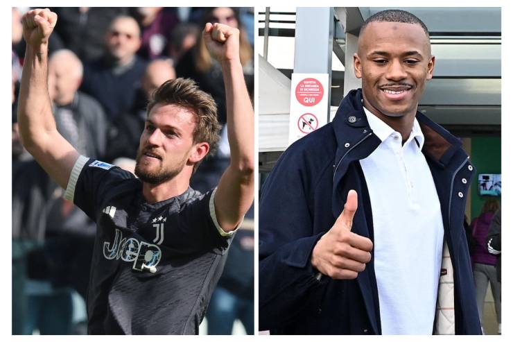 Rugani a sinistra esulta con indosso la maglia della Juventus e Djaló a destra immortalato con il pollice all'insù