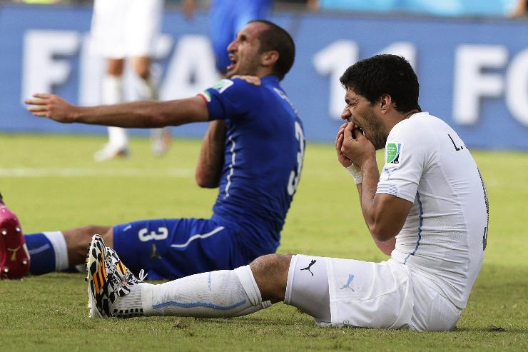Chiellini e Suarez dopo scontro di gioco