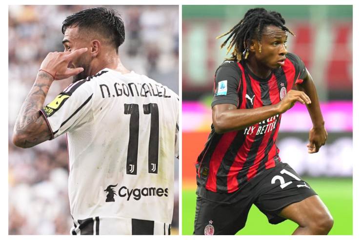 Nico Gonzalez a sinistra e Chukwueze a destra in campo rispettivamente con le maglie di Juventus e Milan