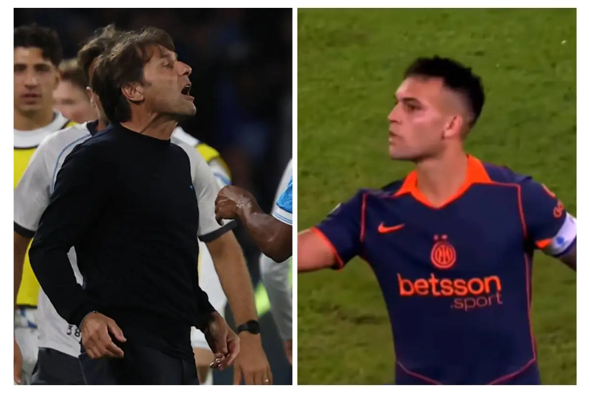 Antonio Conte e Lautaro Martínez protagonisti di un acceso confronto durante Napoli-Inter 2025 al Diego Armando Maradona.