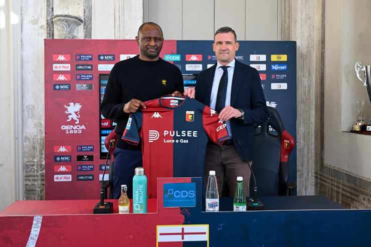Marco Ottolini e Vieira nella conferenza stampa di presentazione del tecnico francese al Genoa
