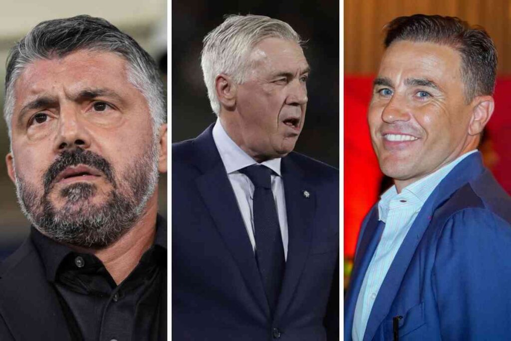 Gattuso a sinistra, Ancelotti al centro e Cannavaro a destra