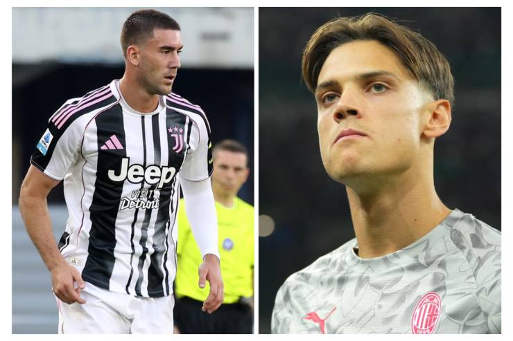 Vlahovic a sinistra in campo con indosso la maglia della Juventus e Ricci a destra con gli abiti da allenamento del Milan