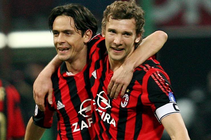 I due attaccanti del Milan Filippo Inzaghi e Andriy Shevchenko dopo la vittoria con il Lione